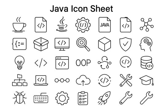 Java Icon Sheet: A comprehensive, black-and-white collection of minimalistic icons representing various aspects of Java programming. Perfectly suited for web development, app design.