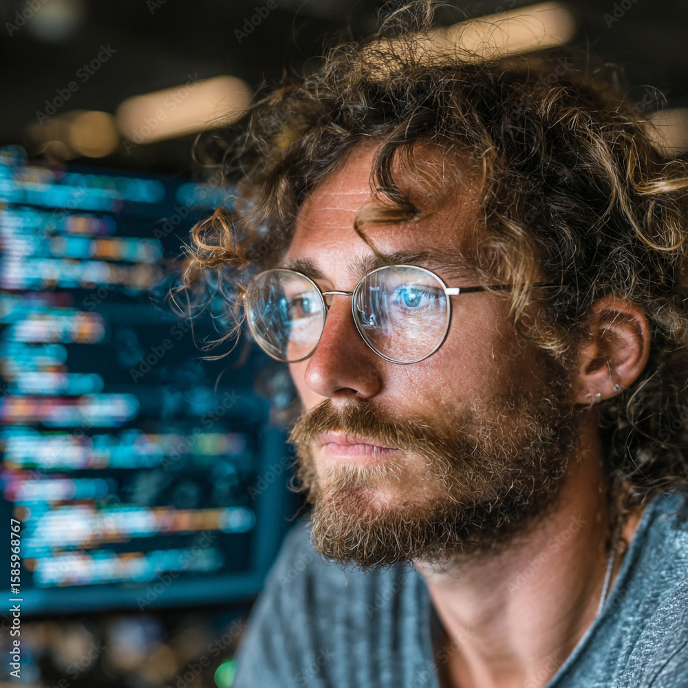 Poster man with glasses looking at code on a screen with a thoughtful expression
