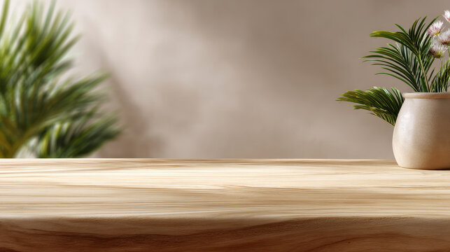 Wooden table with potted plant and blurred green leaves in background creating calm and natural atmosphere