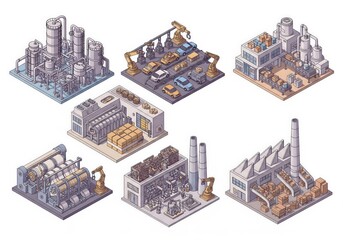 Clean 3D factory collection – Isometric designs of chemical, automotive, food, textile, electronics, and packaging plants in soft colors, minimalist style