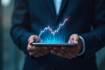 Businessman holding tablet with stock finance candlestick bar chart graph blue glowing floating