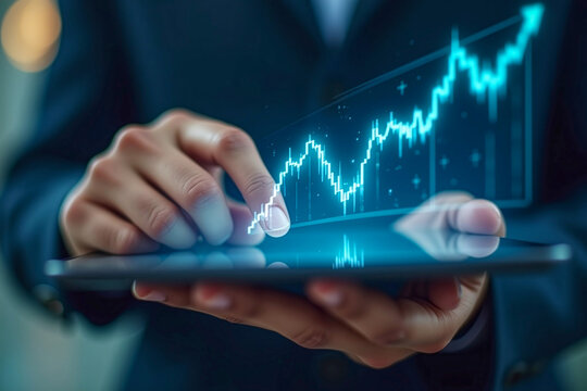 Businessman holding tablet with stock finance candlestick bar chart graph blue glowing floating - Powered by Adobe