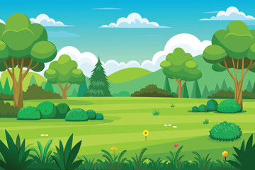 Obraz premium A vibrant cartoon illustration of a summer landscape with green hills, a blue sky, fluffy clouds, and colorful flowers in a sunny meadow