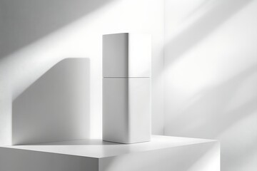 Fototapeta premium Minimalist white product mockup on platform with light and shadow, promoting elegance