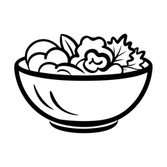 Simple black and white bowl of fresh vegetables and fruits illustration