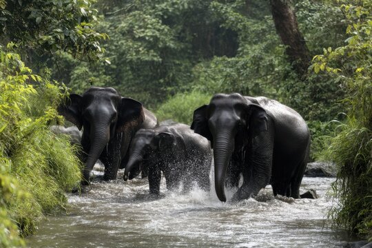 Family of elephants enjoy playful bathing in a lush jungle river together