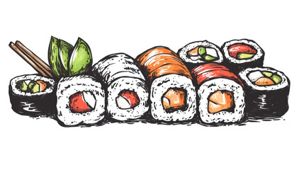 Sushi outline doodle hand drawn cartoon art illustrations on white background 