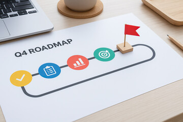 Q4 roadmap concept with colorful icons and red flag on wooden desk near laptop, pencil, and cup, symbolizing planning and goal achievement in business setting