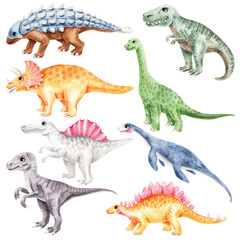 Set of cute watercolor dinosaurs. Prehistoric cartoon animals for kids: tyrannosaurus rex, velociraptor, triceratops, stegosaurus, brachiosaurus, spinosaurus, ankylosaurus, elasmosaurus. Handmade.