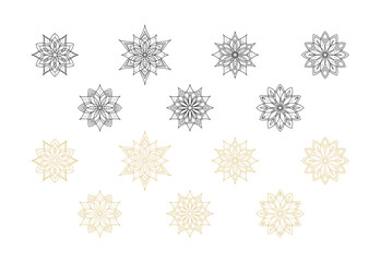 Gold and black abstract lotuses made of thin lines and dots, isolated on a white background. Abstract round mandala, flower, circular openwork pattern. Vector big set for design, cover, sign and print