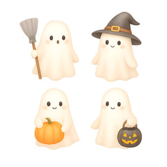 Obraz premium Halloween Ghosts with Witch Accessories – Watercolor Clipart Set