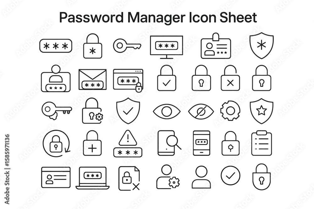 Poster password manager icon sheet: collection of password manager icons in vector format including securit