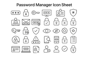 Fototapeta premium Password Manager Icon Sheet: Collection of password manager icons in vector format including security icons, account icons and management icons.