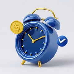 Blue alarm clock with gold dollar coin and checkmark