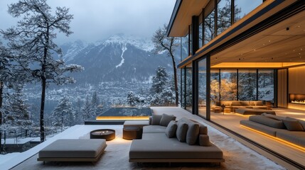 Luxury modern house exterior patio mountain view