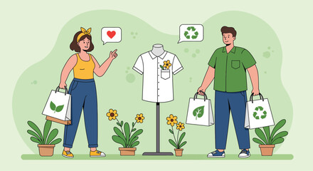 Couple Shopping for Sustainable Fashion with Eco-friendly Bags and Mannequin Display – Flat Vector Illustration