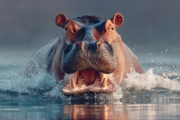 Fototapeta premium Yawning hippo welcomes the morning sun with a splash in its watering hole