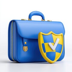Blue briefcase with yellow and blue checkered shield and checkmark