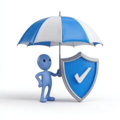 Blue character holding umbrella protecting shield with checkmark