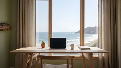 Coastal Minimalist Home Office Workspace: Laptop, Ocean View, Natural Light