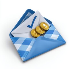 Blue envelope with coins and checkmark white gold