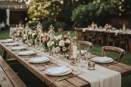 Luxury wedding table setup with white flowers and gold details for romantic outdoor reception and premium event planning services
