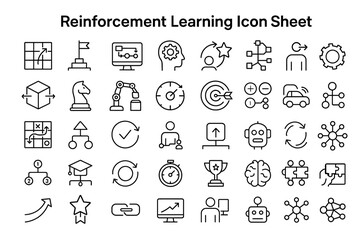Reinforcement Learning Icon Sheet: An Icon sheet featuring line icons representing reinforcement learning concepts. 