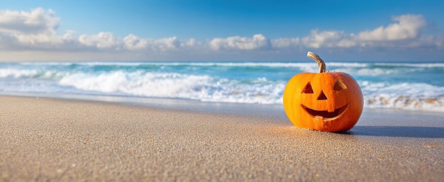 The cheerful pumpkin sitting on a sandy beach by the ocean waves.