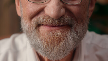 Confident successful old Caucasian man male mature takes off glasses looking at camera folded hands...