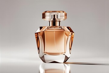 Extreme close-up of a luxury perfume bottle, elegant geometric shape, soft reflections, on a plain white