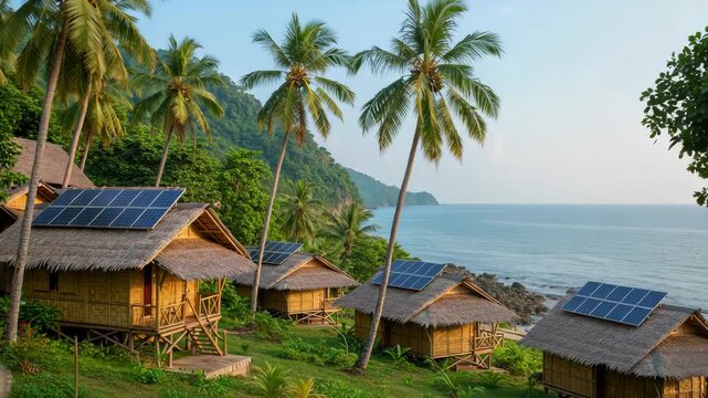 Tropical Beachfront Huts with Thatched Roofs and Solar Panels among Lush Greenery with Palm Trees Overlooking a Tranquil Blue Ocean