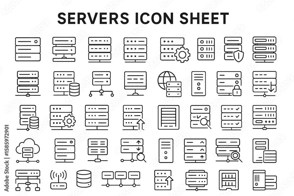 Poster server icon sheet: a comprehensive array of server icons showcasing data storage, network connectivi