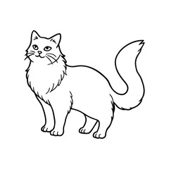 Outline drawing of a fluffy cat standing gracefully isolated on white background
