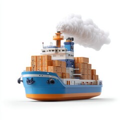 Stylized Blue and Orange Cargo Ship with Smoke container ship