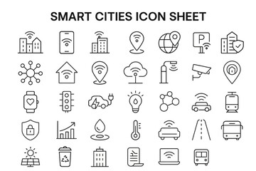 Smart City Icon Sheet: A comprehensive icon sheet representing various elements of smart cities, from connected buildings and transportation to sustainable energy and digital infrastructure.