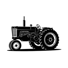A black and white illustration of a vintage tractor on a white background