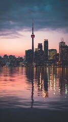 Fototapeta premium City skyline reflected in tranquil water at sunset.