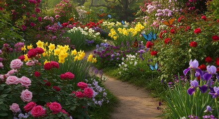 Beautiful flower garden with colorful blooming flowers and many vibrant butterflies flying peacefully in nature.