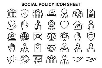 Icons of Societal Harmony: An array of crisp, minimalist icons symbolizes the foundational elements of social policy, from justice to compassion, community to governance.
