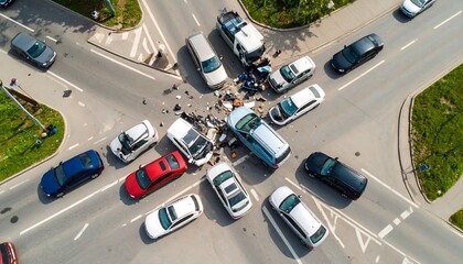 Aerial view of a multi-car accident at a busy intersection