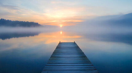 Naklejka premium A straight flat simplistic rectangular lake dock, beautiful sunrise, foggy, calm water
