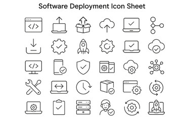 Software Deployment Icon Sheet: A clean, professional collection of vector-based icons representing the various processes of software deployment, ideal for illustrating tech concepts.