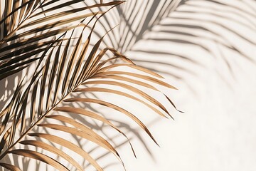 Fototapeta premium Tropical golden palm leaves with shadows on white wall, minimal summer background