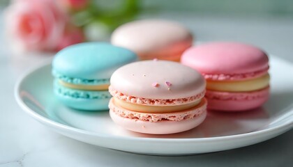 Fototapeta premium Blue and Pink French Macarons – Elegant Dessert Presentation in Soft TonesColorful Macaron Display – Pastel Blue & Pink Treats for Stylish Dessert SpreadFrench Macarons in Pink and Blue – Perfectl