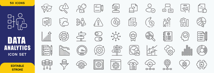 Set of 50 outline icons related to data analytics. Linear icon collection. Editable stroke. Vector illustration