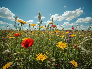 Vibrant wildflower meadow featuring poppies, daisies, and grasses under a brilliant blue sky with fluffy white clouds.