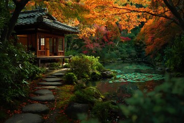 A serene Japanese garden pavilion nestled amidst autumn foliage.