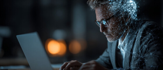 Man in suit using laptop with digital network overlay on his face