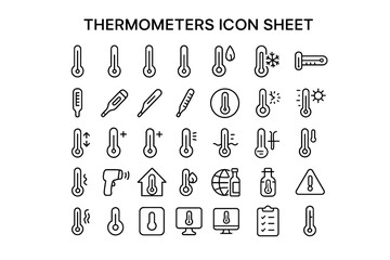 Thermometers Icon Sheet: A comprehensive collection of thermometer icons, each meticulously designed, representing a wide range of temperatures and applications, ideal for diverse design projects.