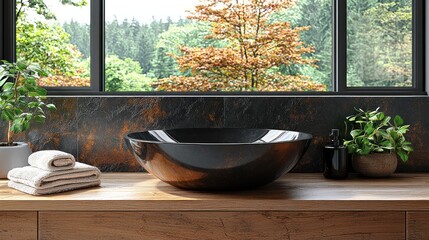 Dark modern bathroom sink with garden view